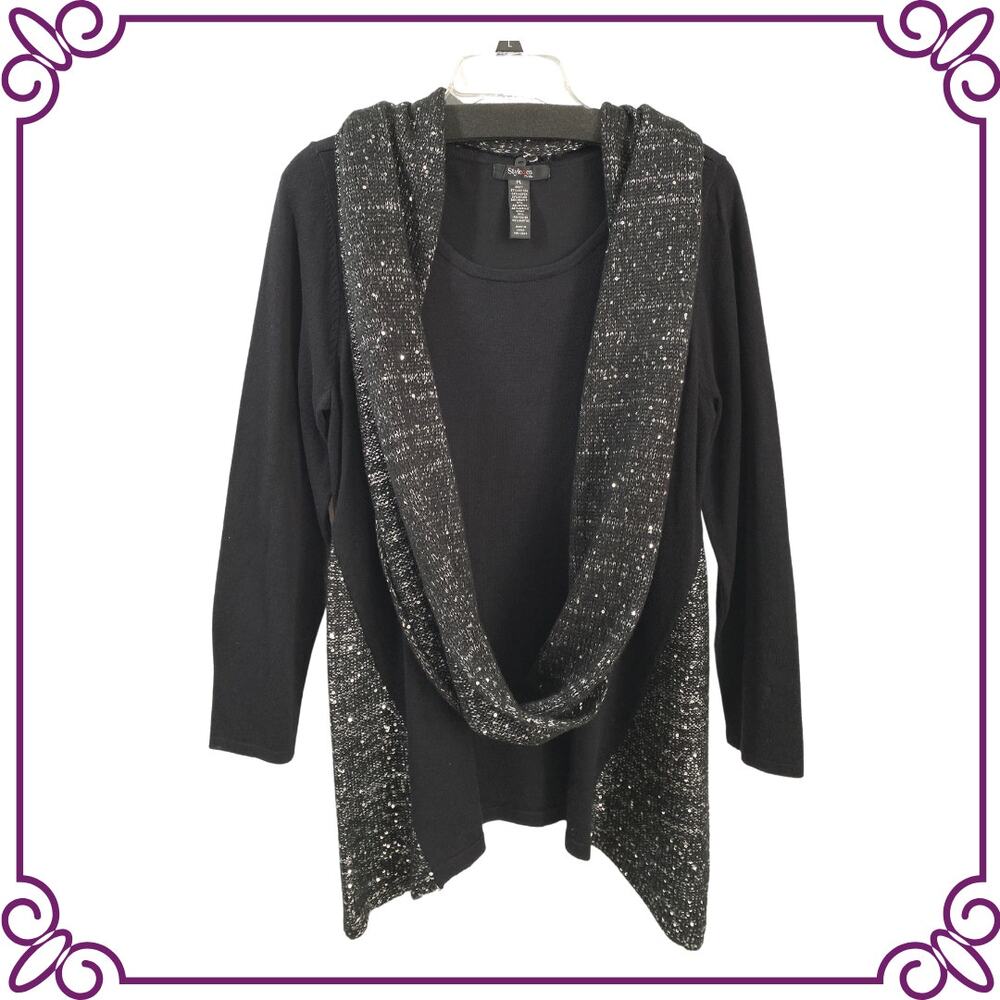 Style & Co. Black & Silver Sequined Tunic Long Sleeve Sweater with Scarf Large